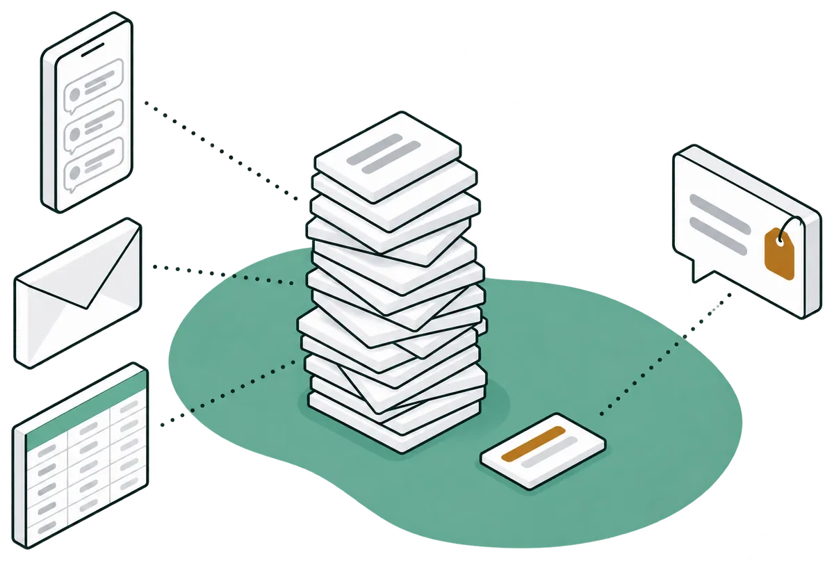 Illustration: a phone, an envelope and a spreadsheet pour offers onto one pile. One offer, marked in amber, has fallen to one side; a customer's request points towards it without reaching it.