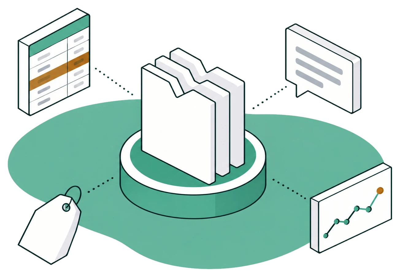 Illustration: a supplier memory at the centre, three folders on a green base, linked to a supplier price list, a supplier message, a price tag and a rising price curve.